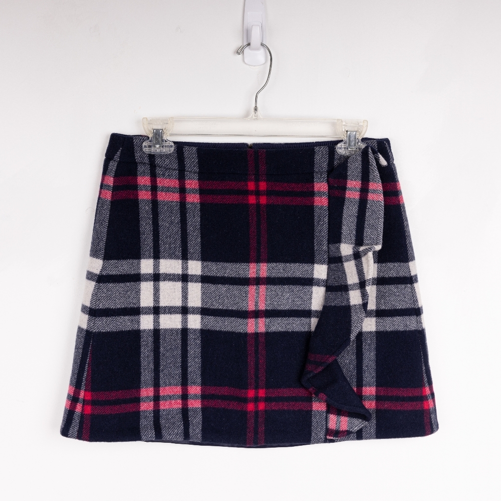 J Crew Ruffle Plaid Mini Skirt Double Serge Wool Y2K Mini Skirt Dark Academia - Picture 3 of 8